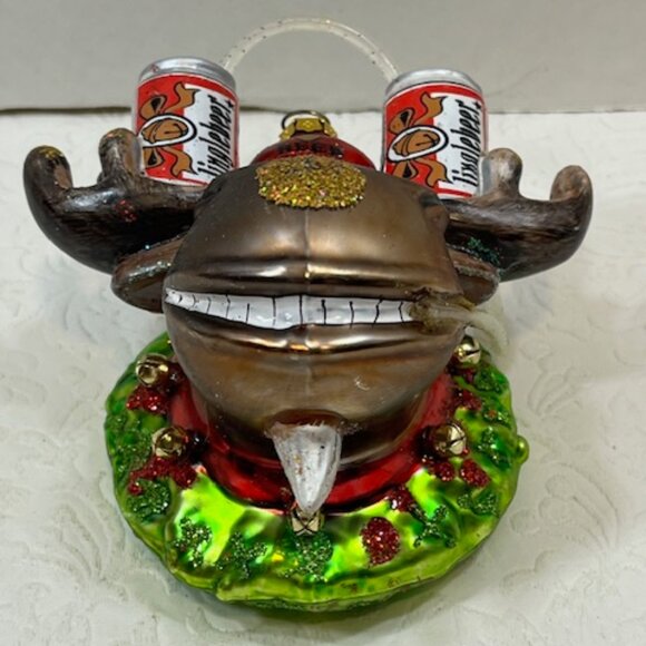 Jingle Beer Moose Head in Wreath Glitter Beer Funnel Glass Christmas Ornament 4" - Picture 5 of 11
